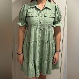 Green Ruffle Sleeve Button-Down Dress